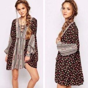 Free People Rain or Shine Mini Dress Boho Gypsie Lace Up V Neck Black Floral-S